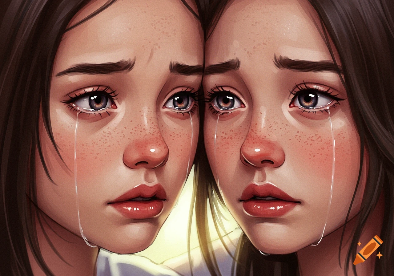 Two crying girls' faces depicted in a close-up digital illustration, with tears streaming down their cheeks.