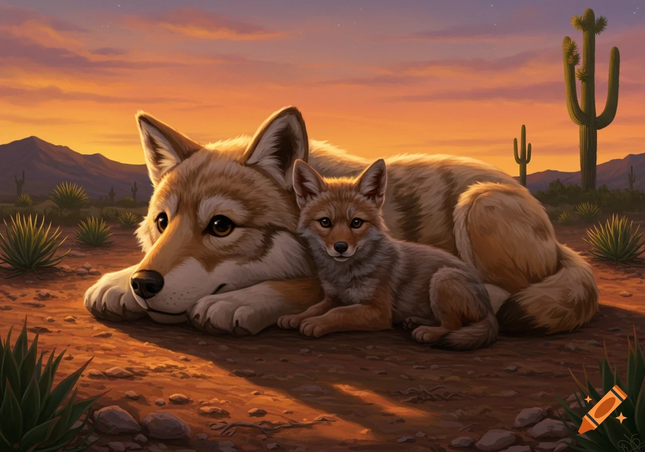 A stylized illustration of a large coyote lying down with a smaller coyote pup beside it in a desert landscape at sunset.