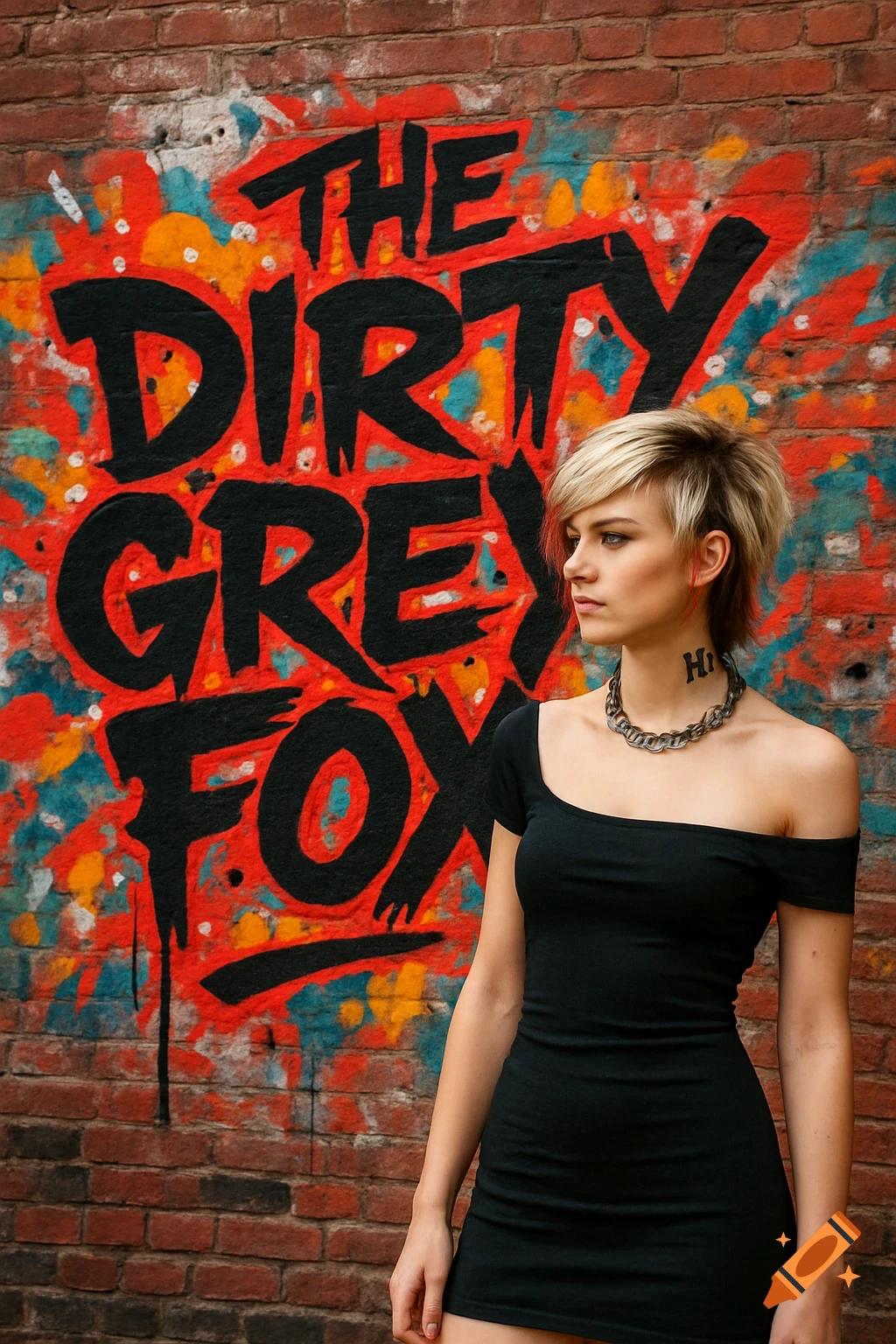 A woman with short blonde hair and red accents stands in front of a colorful graffiti mural that reads "THE DIRTY GREY FOX". She wears a black off-shoulder mini dress and a chain necklace.