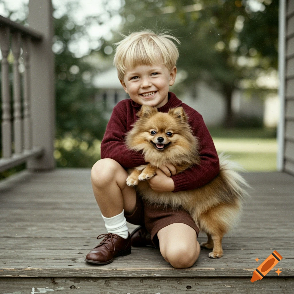 A smiling blonde boy kneels on a wooden porch, hugging a fluffy Pomeranian dog in a 1950s-style photograph.
