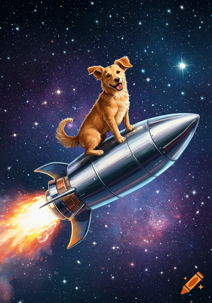 A happy golden-brown dog rides a silver rocket through a vibrant, star-filled galaxy with a fiery exhaust plume.