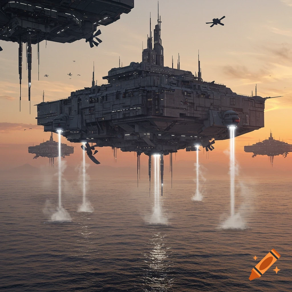 Photorealistic image of massive futuristic floating bases hovering over an ocean at sunset, with light beams hitting the water.