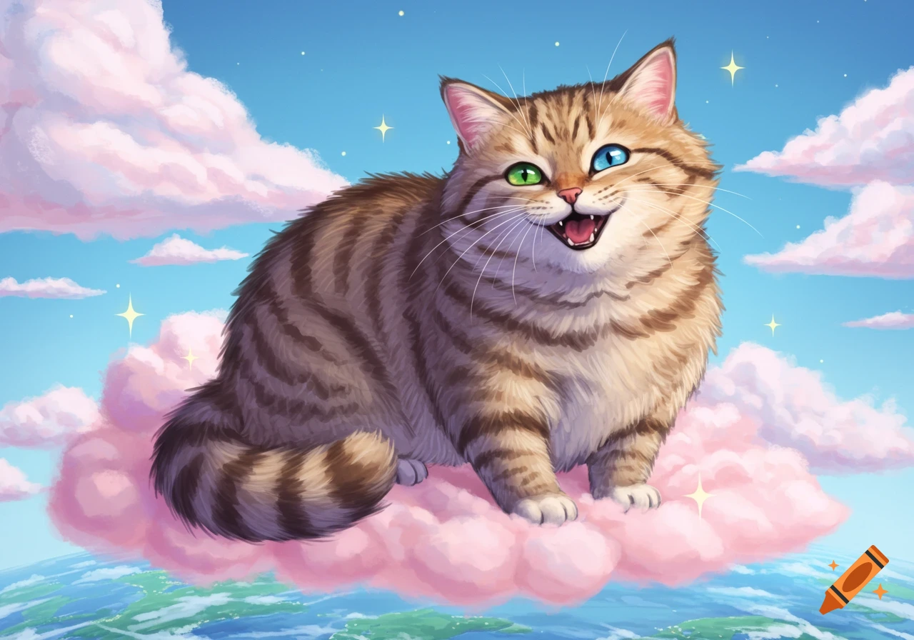 A fluffy tabby cat with heterochromatic eyes smiles happily, sitting on a pink cloud high above a cartoonish Earth under a blue sky with sparkling stars.