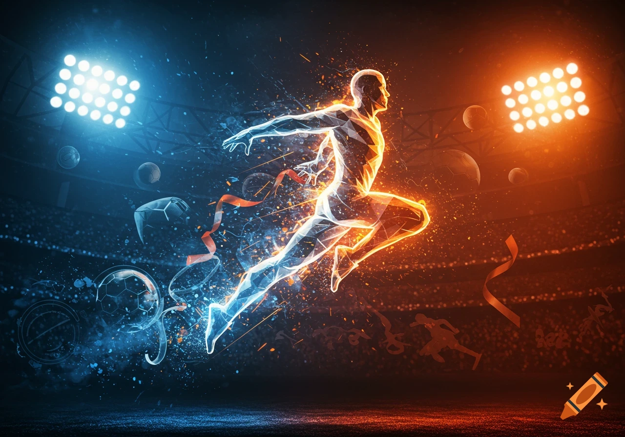 A glowing, abstract polygonal figure runs in a stadium, split between cool blue and warm orange light.