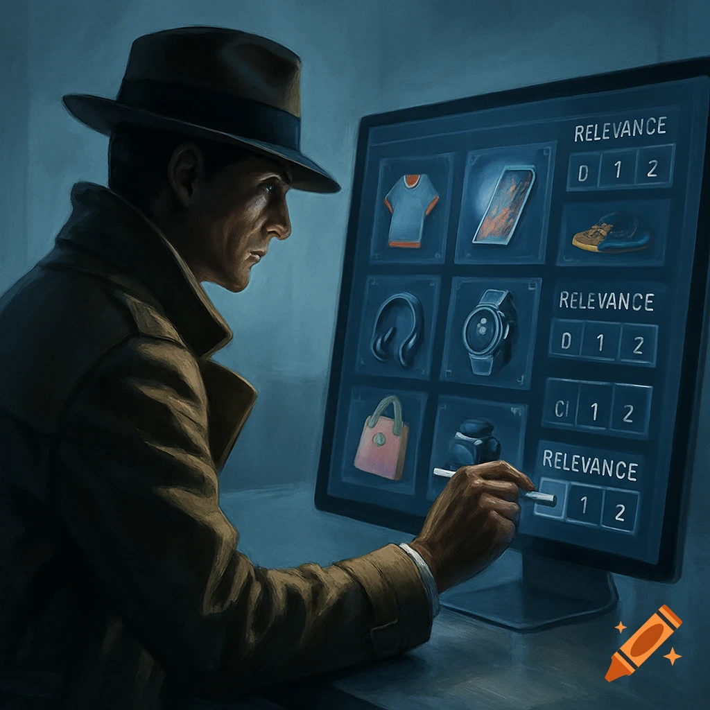 A man in a trench coat and fedora uses a stylus to rank e-commerce products on a computer screen in an illustrative style.