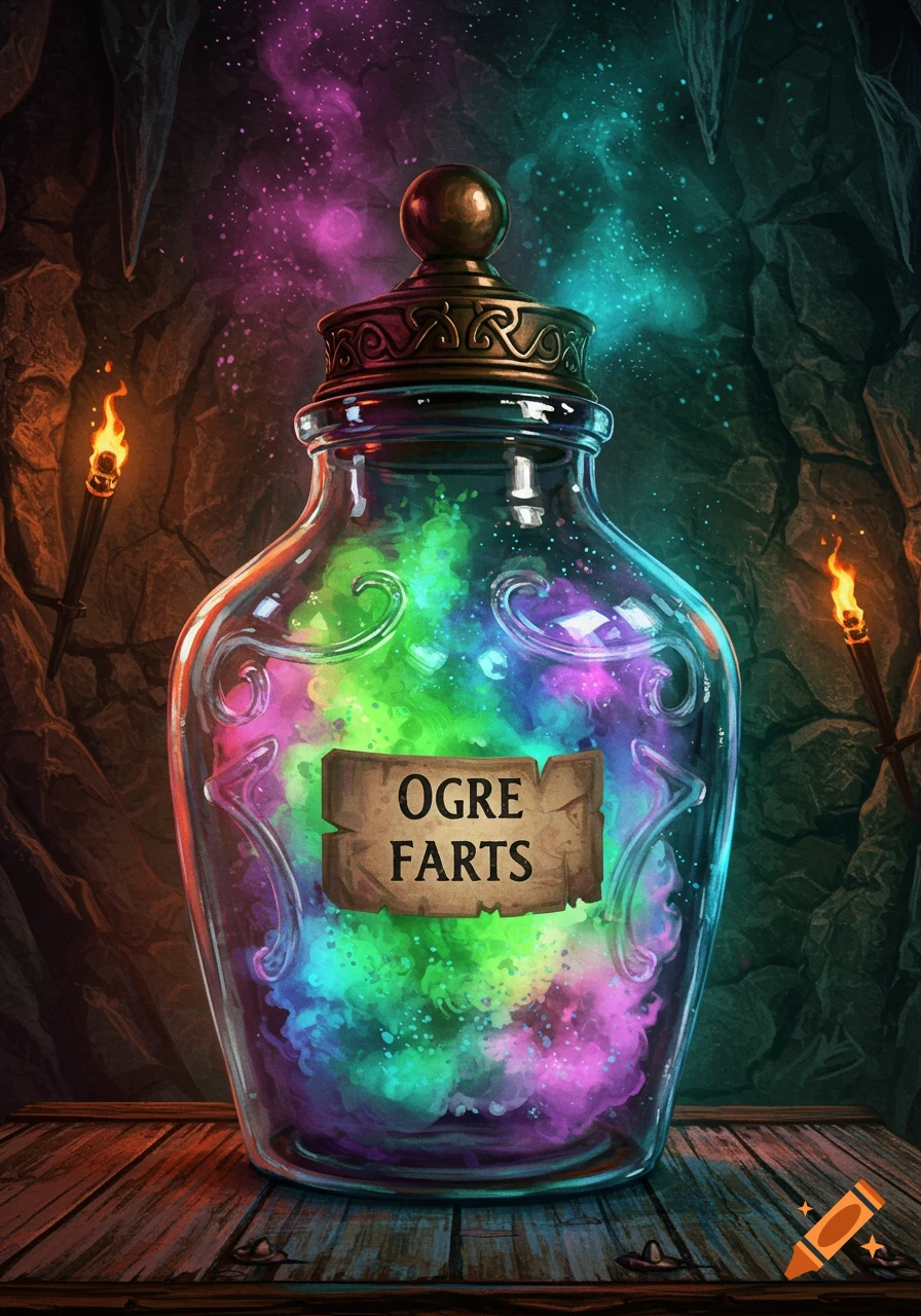 A glowing glass jar labeled 'OGRE FARTS' sits on a wooden table in a cave, filled with colorful magic.