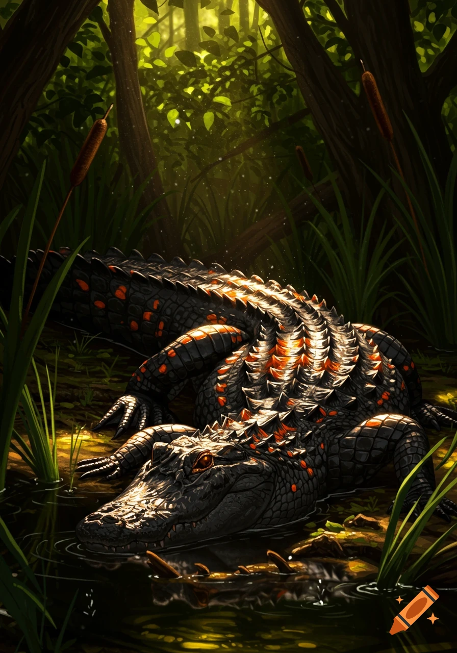 A black alligator with glowing orange scales rests in a shadowy swamp, bathed in sunlight filtering through dense jungle foliage.