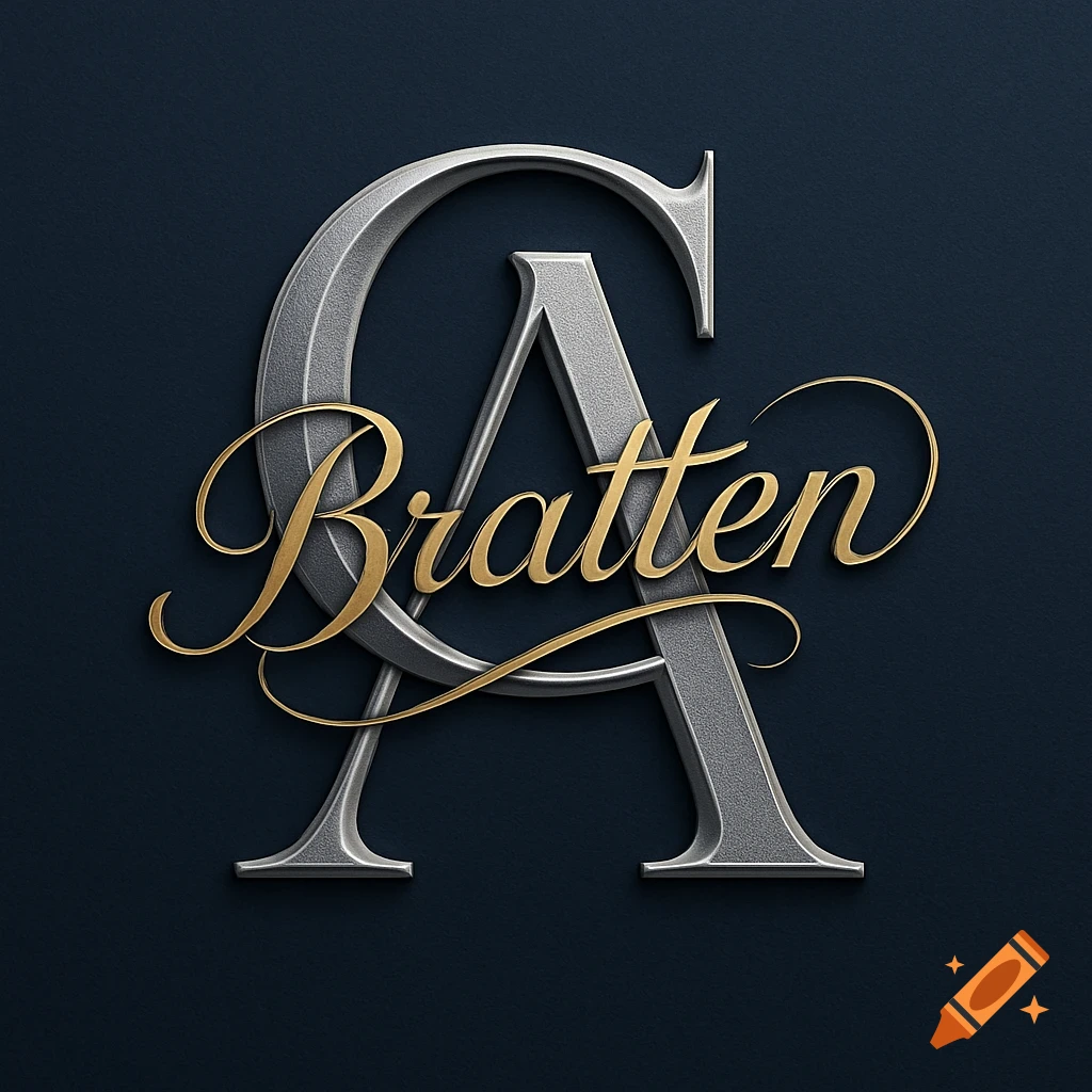 A silver monogram with intertwined C and A, overlaid with the golden script name 'Bratten' on a dark background.