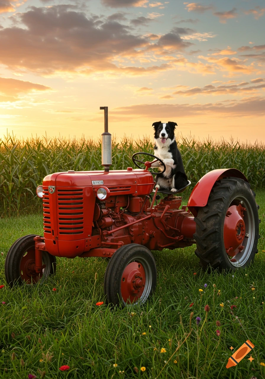 A black and white border collie sits on a red vintage tractor in a green field with a cornfield in the background under a sunset sky.