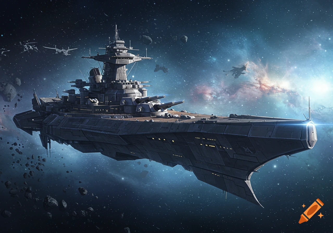 A large, angular futuristic space battleship with multiple turrets floats among asteroids and a nebula in deep space.