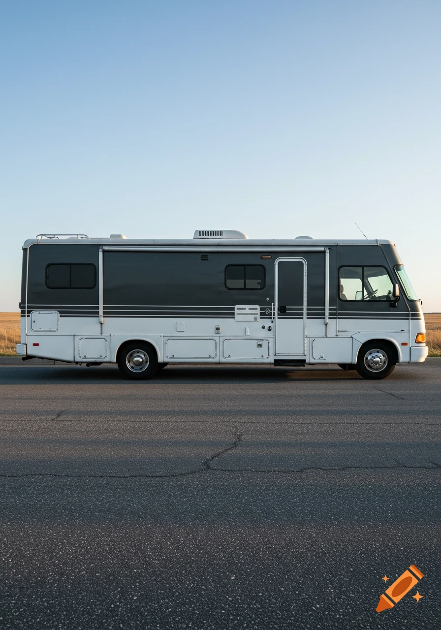 A photorealistic side view of a gray and white motorhome parked on an asphalt road with a field in the background and clear blue sky.