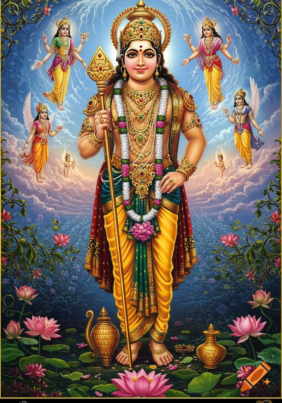 A colorful Hindu illustration of Lord Murugan holding a spear, surrounded by other deities and lotus flowers.