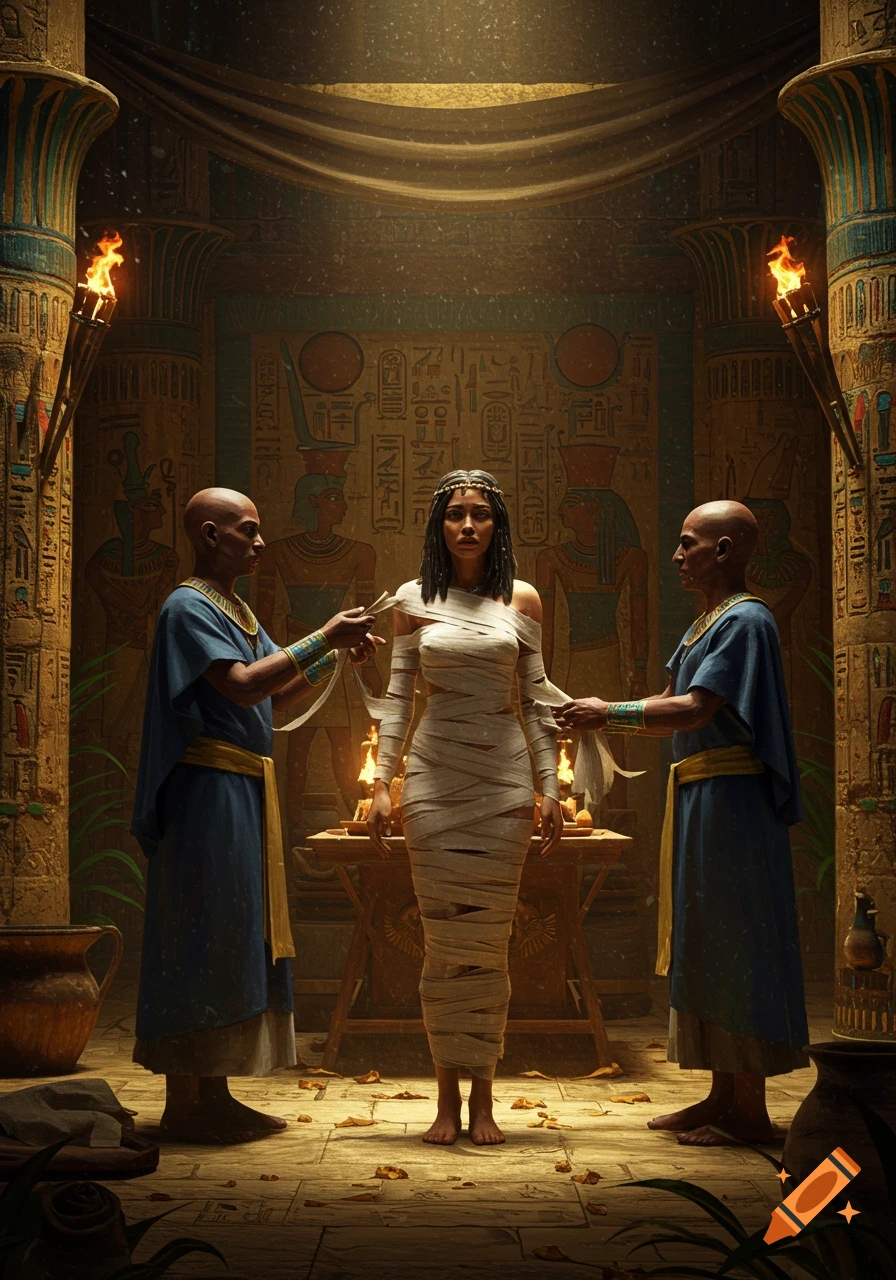 A distressed woman is wrapped in white mummy bandages by two bald priests in a dimly lit ancient Egyptian temple with hieroglyph-covered walls and flaming torches.