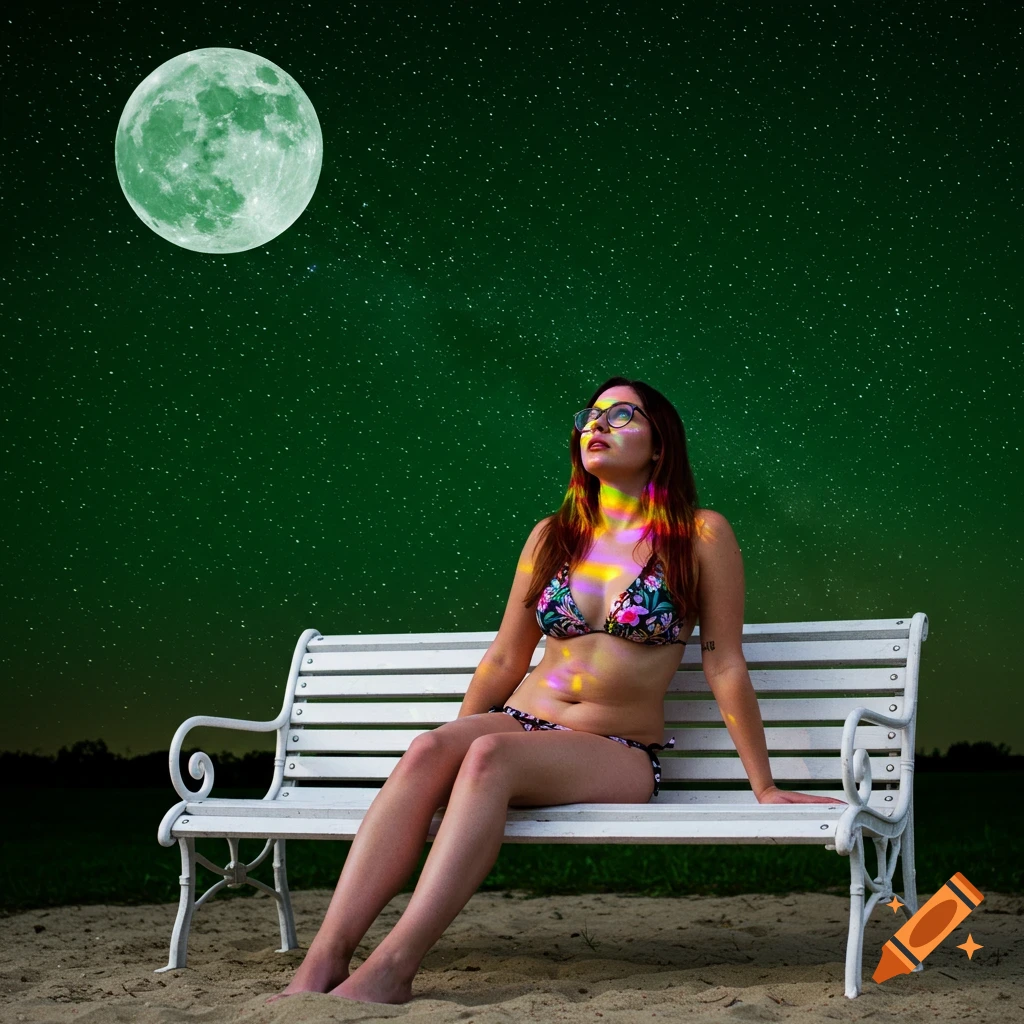 A woman in a floral bikini and glasses sits on a white bench, looking up at a green starry night sky with a large green moon.