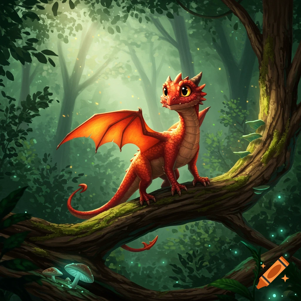 A small red and orange dragon sits on a mossy tree branch in a lush, green forest with light shining through the canopy.