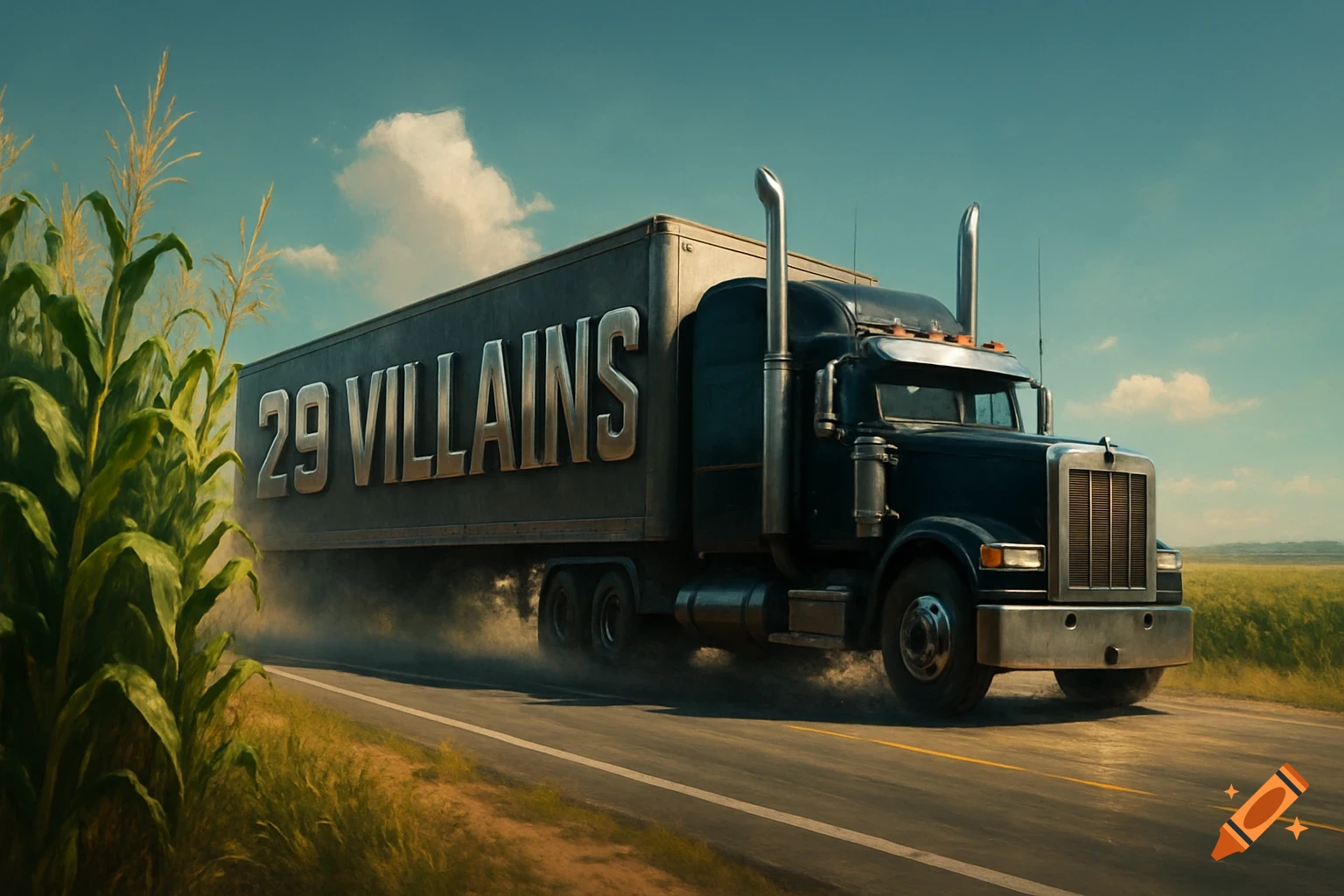 A photorealistic black tractor-trailer truck with '29 VILLAINS' on its side speeds down a highway through cornfields.