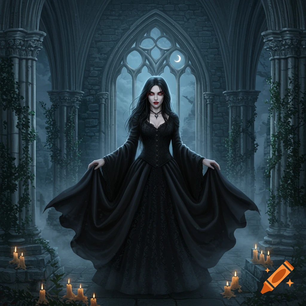 A dark-haired vampire woman with red eyes and fangs in a flowing black gown stands in a gothic cathedral with candles on the floor.