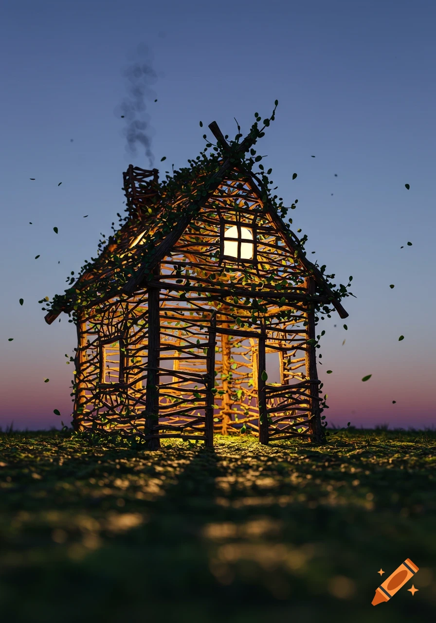 A glowing stick house with leaves and vines on a grassy field at dusk.