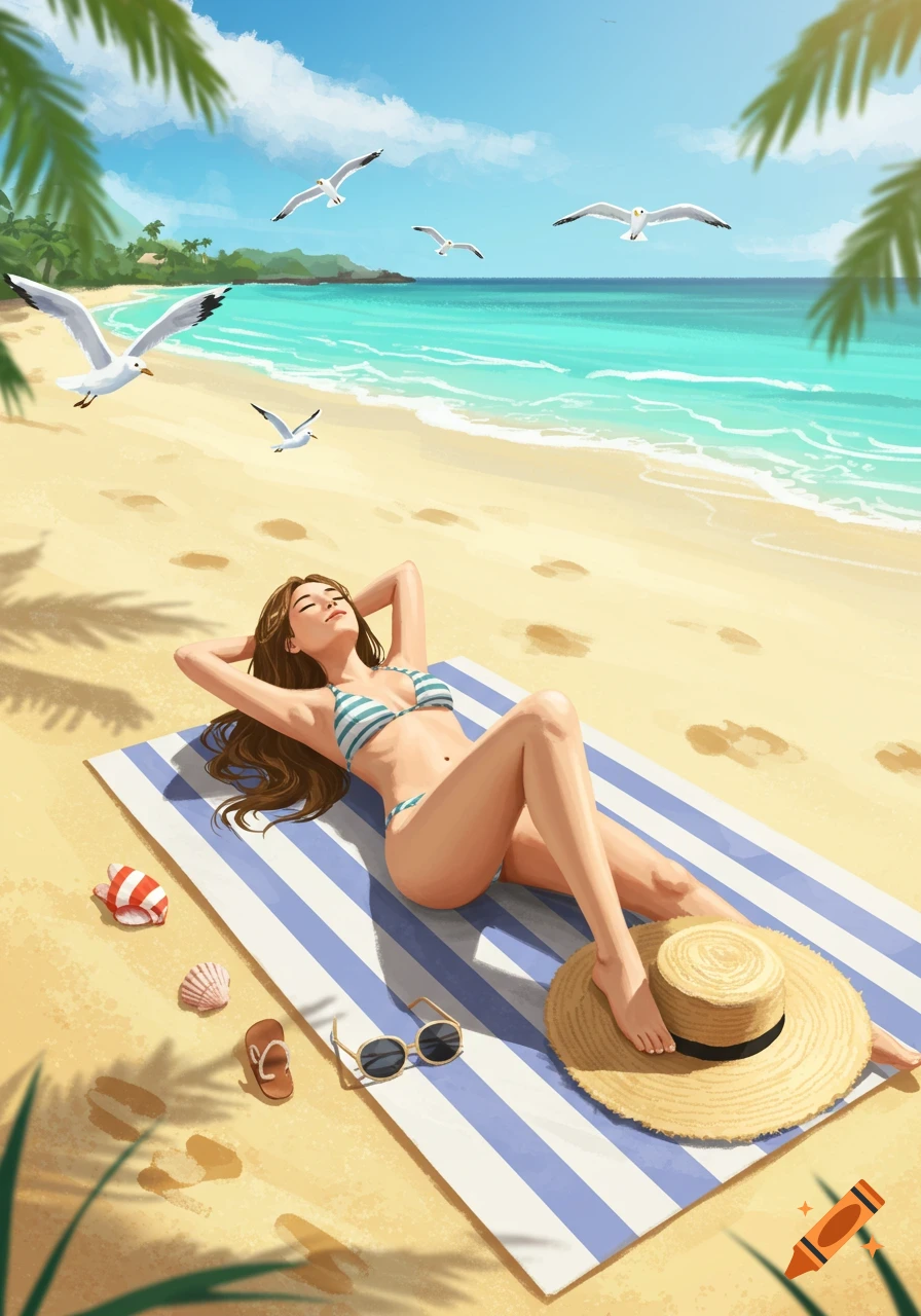 Illustrated scene of a woman sunbathing on a striped towel on a sandy beach with palm trees and seagulls.