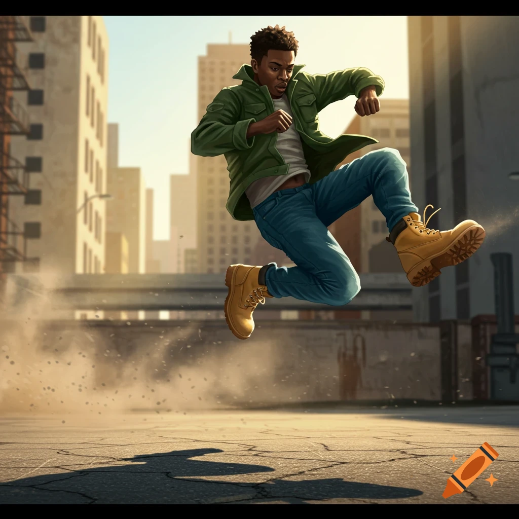 A young Black man wearing a green jacket, blue jeans, and yellow boots jumps in the air on a dusty urban rooftop.