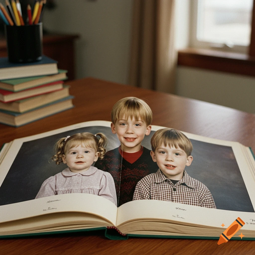 Three young children in a photo displayed in an open yearbook on a wooden desk with books and pencils.