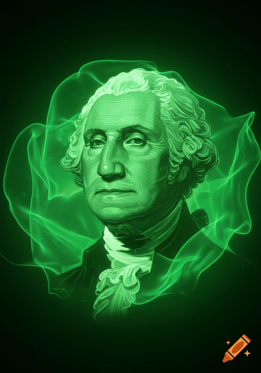 A green holographic portrait of George Washington's face against a dark background, surrounded by swirling green light.