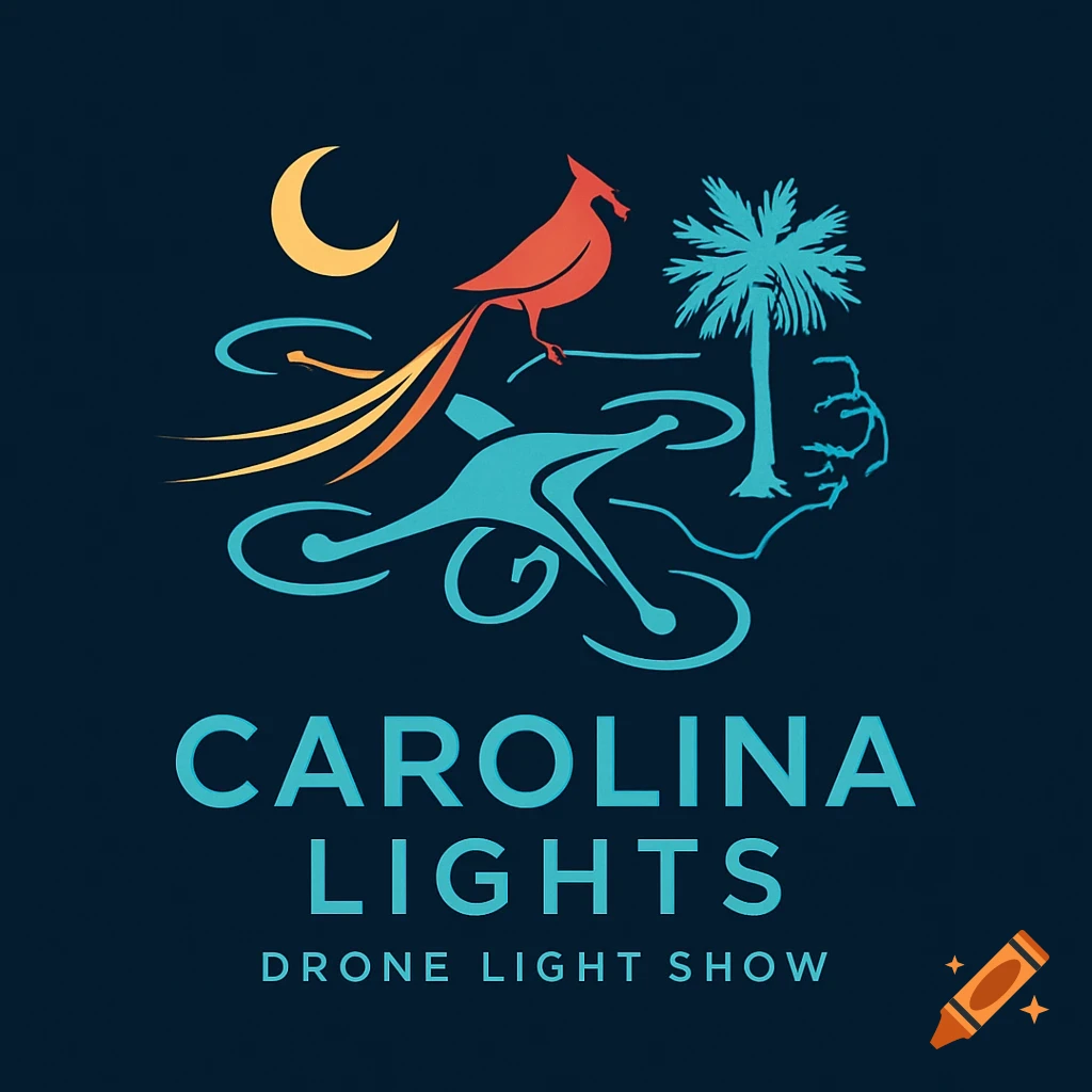 A logo for 'Carolina Lights Drone Light Show' with a cardinal, palm tree, moon, and drone on a dark background.
