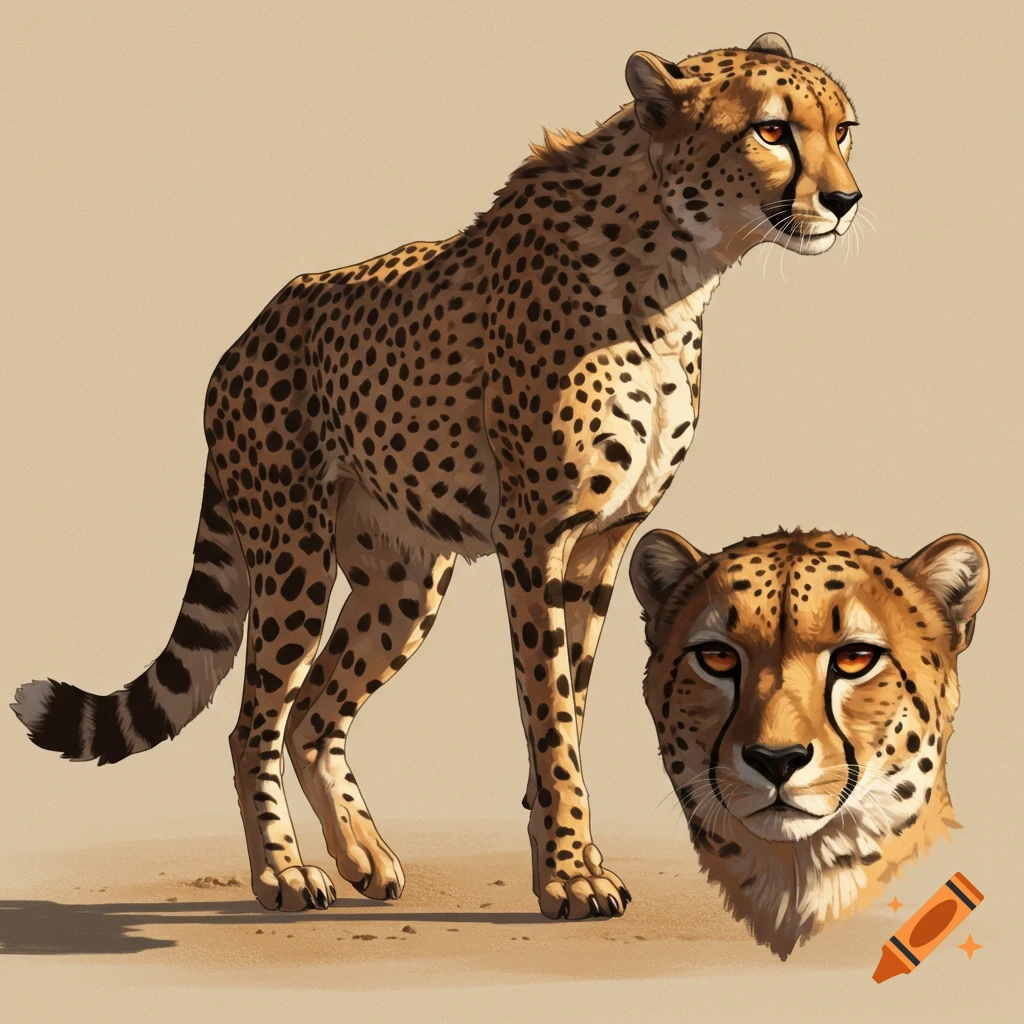 A full body illustration of a cheetah standing with a separate headshot of a cheetah next to it.