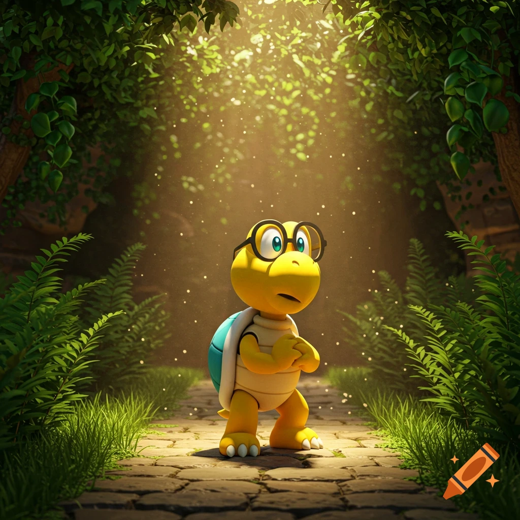 A yellow Koopa Troopa with a blue shell and black glasses stands on a stone path in a sun-dappled forest.