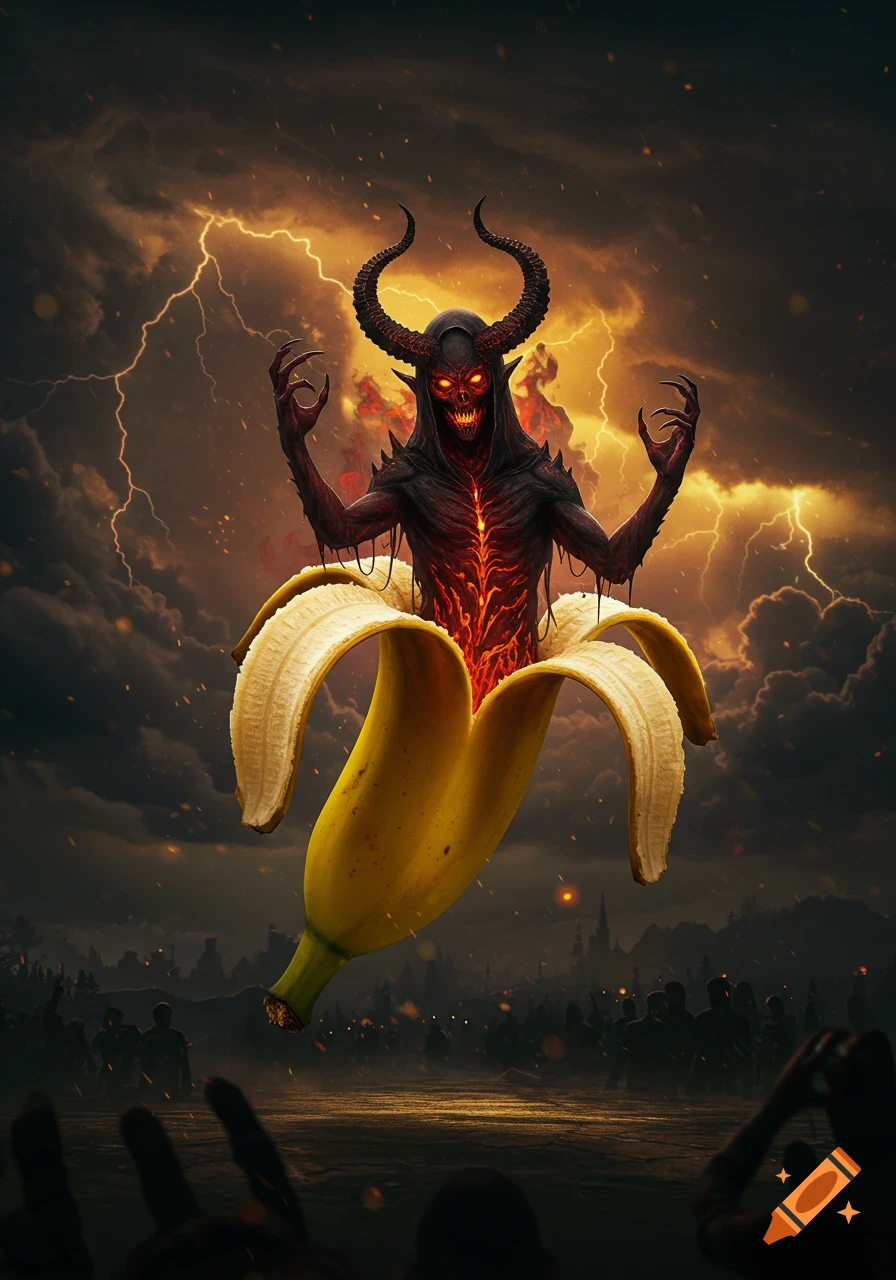 A dark, horned demon with glowing red eyes and a fiery torso emerges from a giant peeled banana, against a stormy, lightning-filled sky above a shadowed crowd.