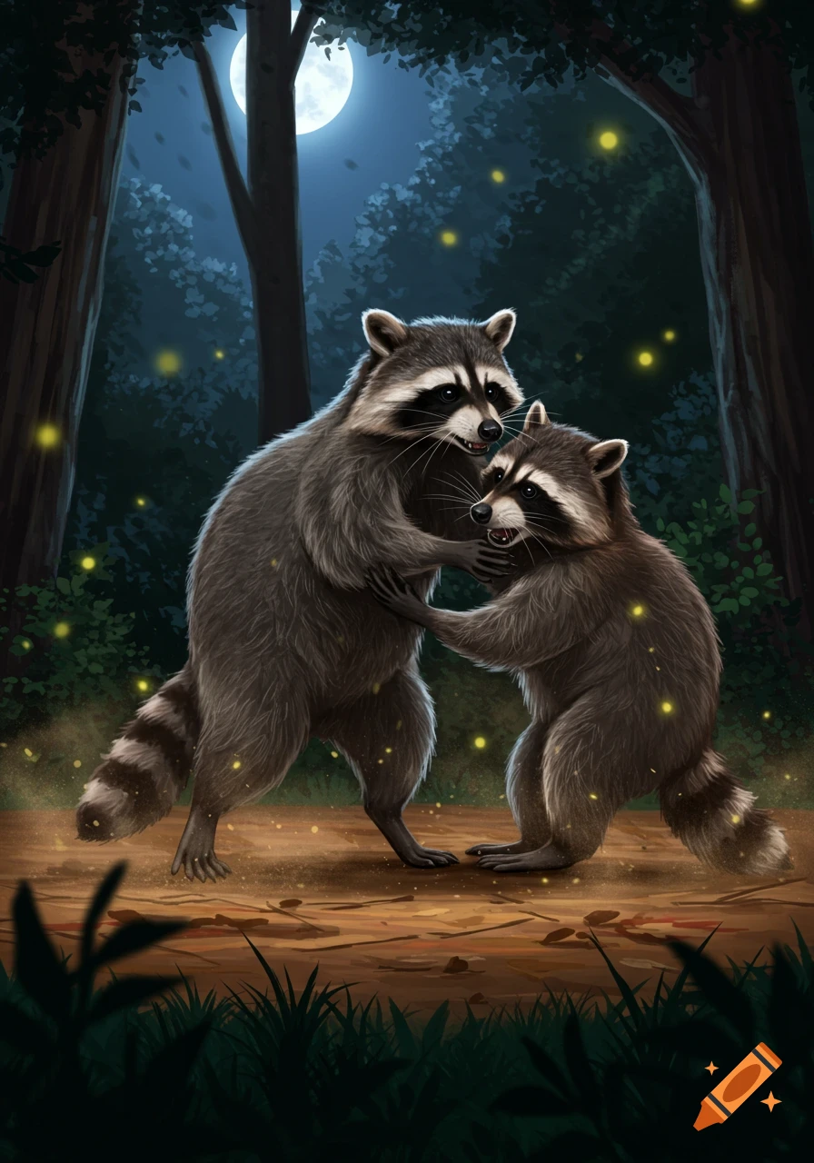 Two raccoons playfully wrestle in a moonlit forest illuminated by fireflies, in a digital illustration.