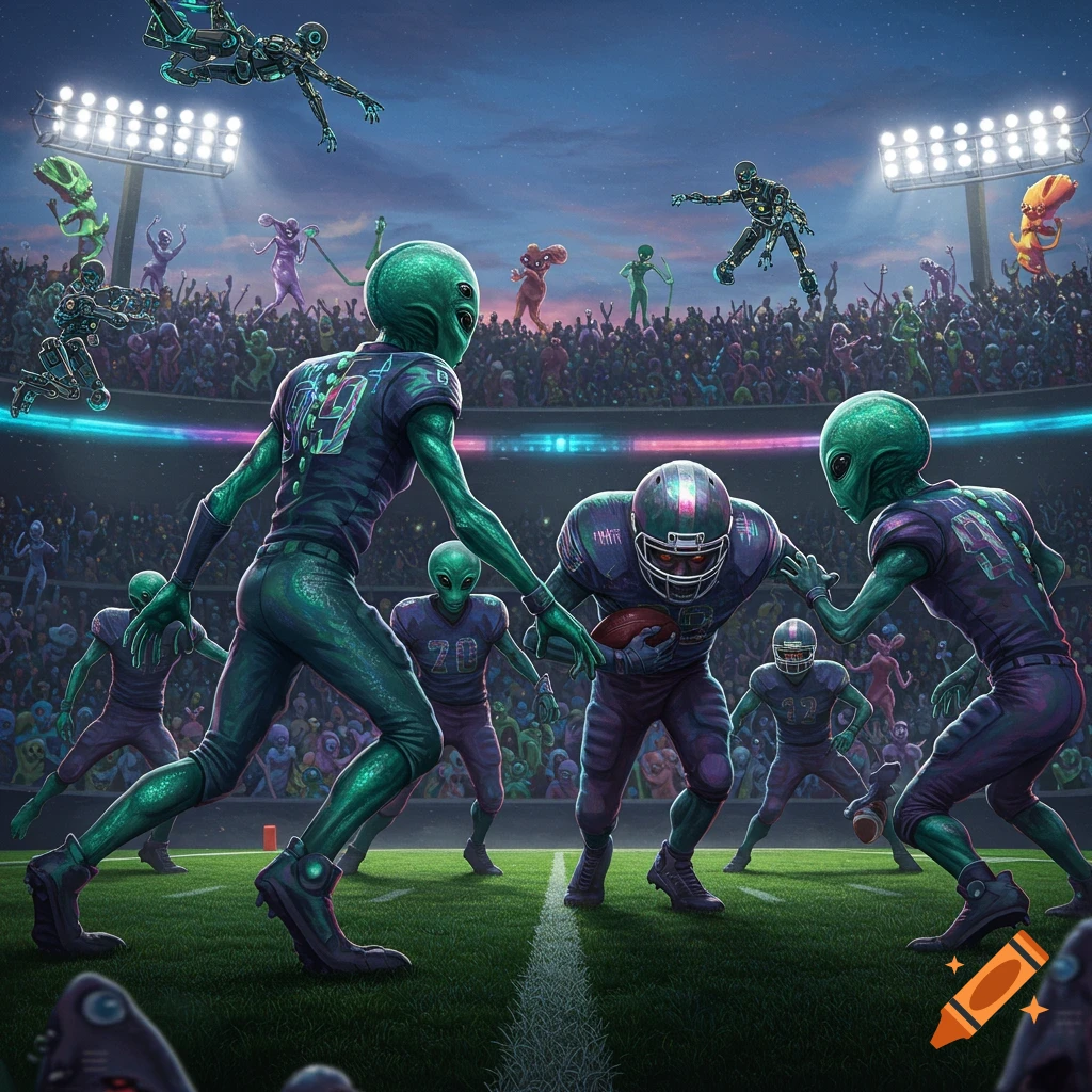 Aliens play American football in a futuristic stadium with robot referees and a large alien crowd.