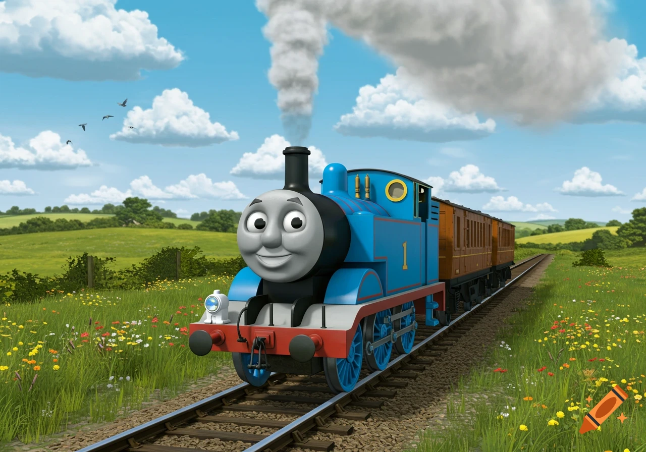 Thomas the Tank Engine, a blue train with a smiling face, pulls brown carriages through a green field with wildflowers under a blue sky.