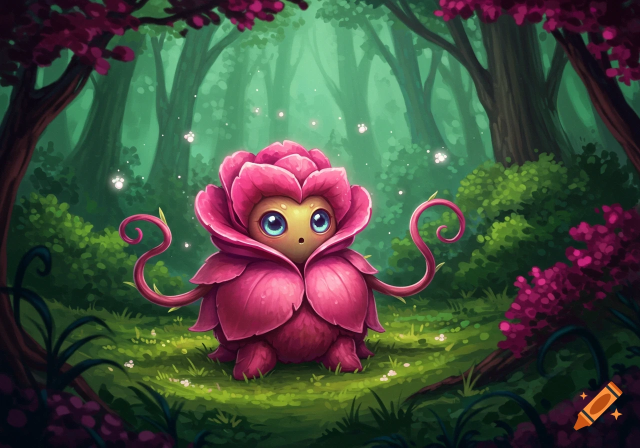 A cute pink flower creature with big blue eyes sits in a mystical, lush green forest.