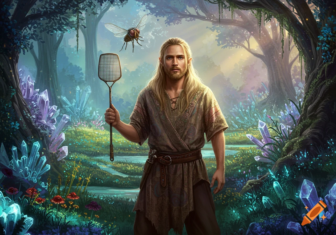 A handsome man with long blonde hair holds a fly swatter against a large fly in a vibrant fantasy forest with glowing crystals.