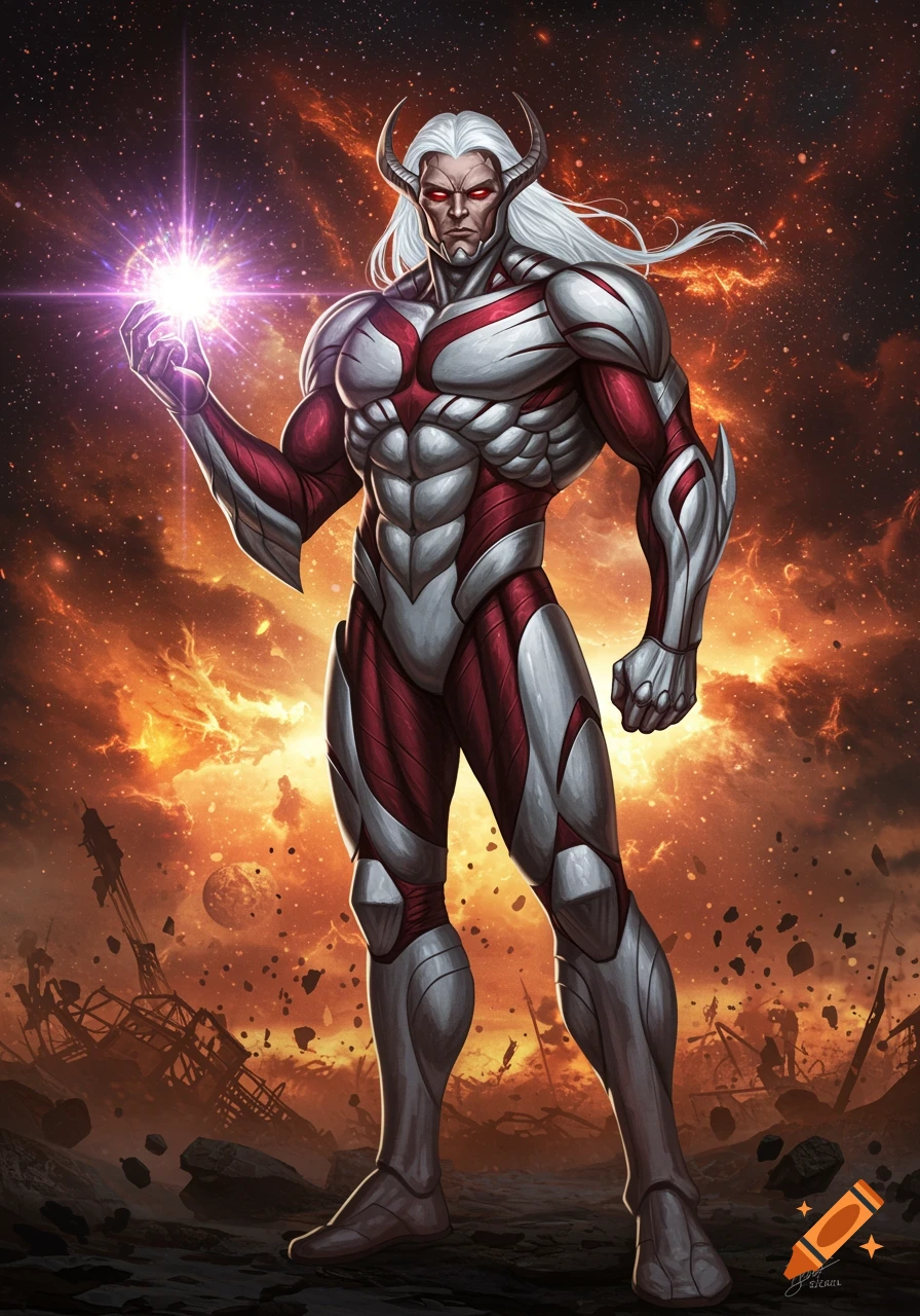 A powerful, horned superhero with long white hair in red and white armor holds a glowing energy orb, standing on a desolate, fiery alien planet.