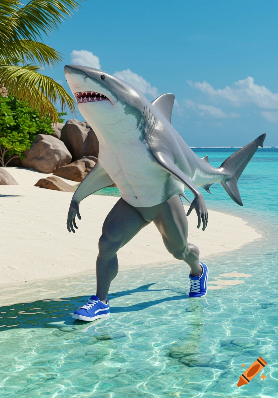 Photorealistic great white shark with muscular human legs and blue sneakers walks in shallow turquoise ocean water on a white sandy beach with palm trees.