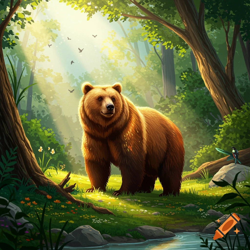 A brown bear stands in a vibrant, sunlit forest with a stream, and light rays filtering through trees.