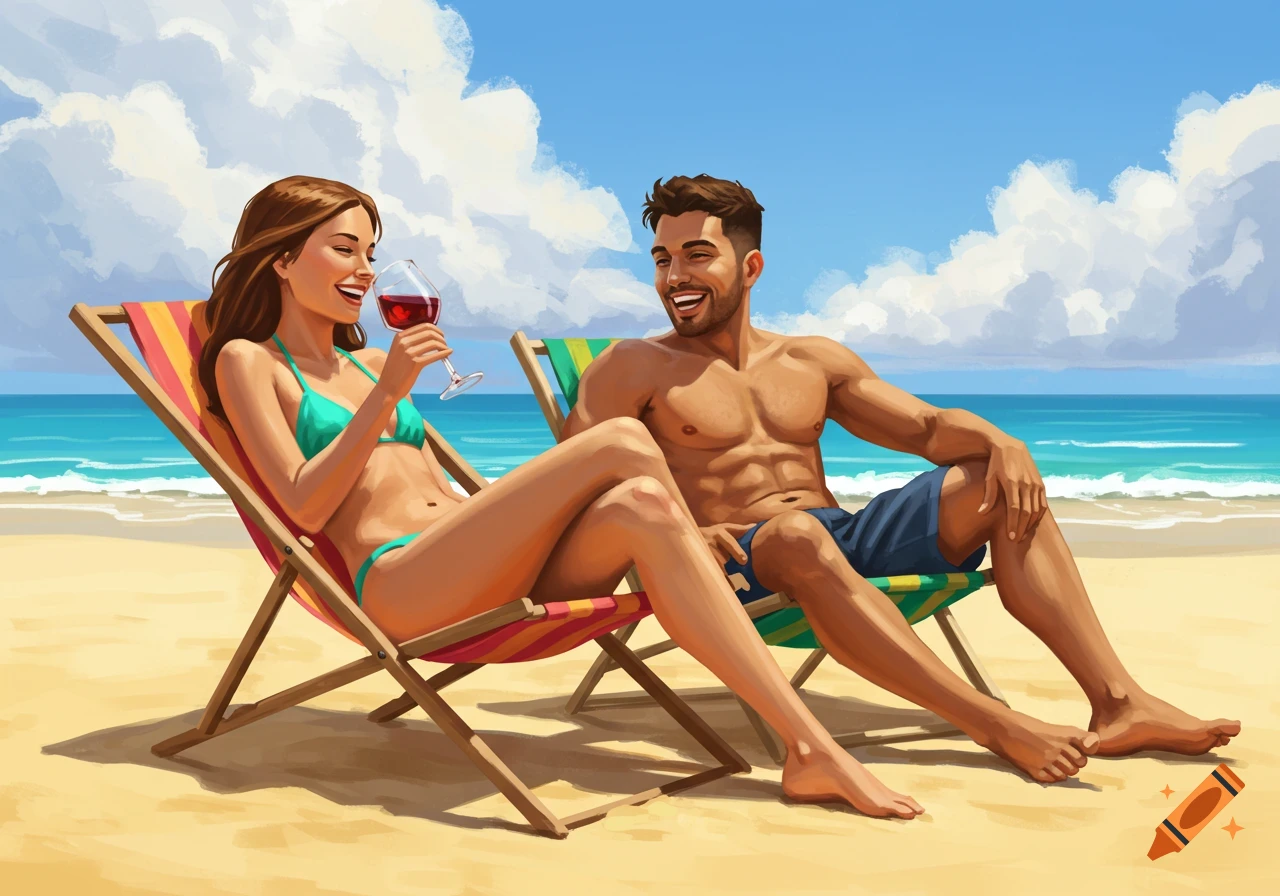 An illustration of a smiling couple relaxing on beach chairs on a sunny beach. The woman holds a glass of red wine.