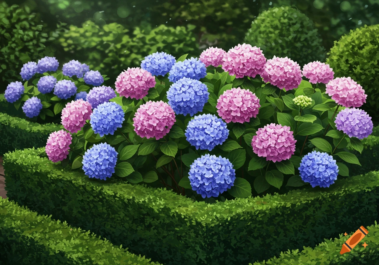 A vibrant garden featuring a lush bed of pink and blue hydrangeas bordered by neatly trimmed green boxwood hedges.
