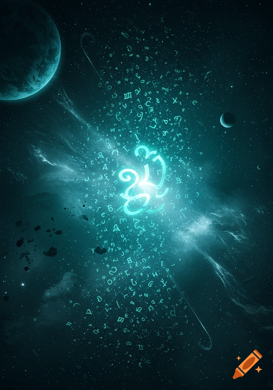 A glowing burst of teal alien language symbols radiates in deep space, with two planets and stars in the background.