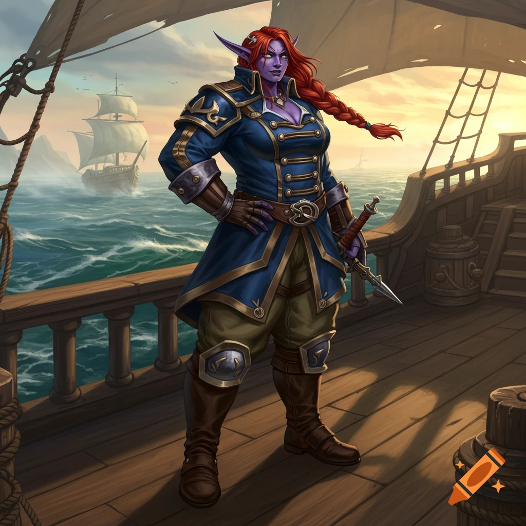 A female fantasy character with purple skin and red braided hair in a blue naval uniform stands on a ship deck at sunset.