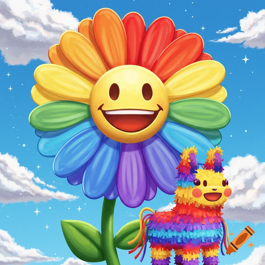 A colorful rainbow flower with a yellow smiley face center next to a vibrant pi at under a blue sky with clouds and stars, in a cheerful illustration.