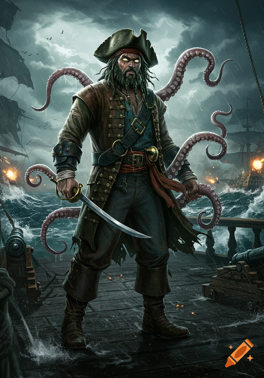 A menacing pirate with glowing eyes and octopus tentacles on a stormy ship deck, holding a sword with battling ships. Digital art.