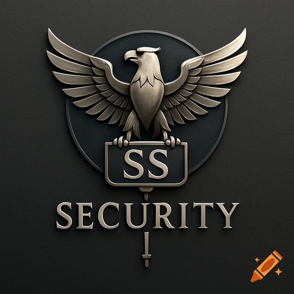 A silver metallic eagle logo with outstretched wings perched above a sign reading 'SS' and 'SECURITY' below it.