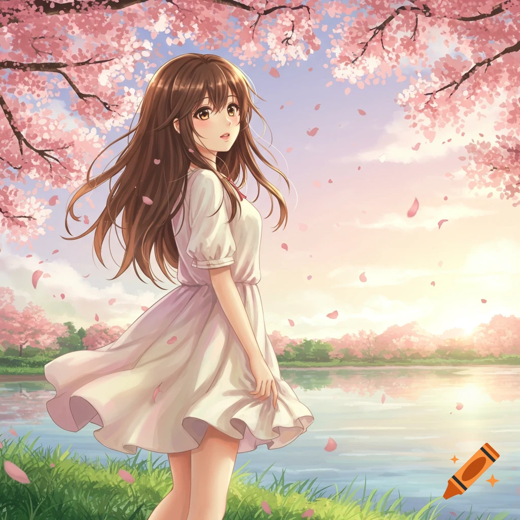 An anime girl with long brown hair in a white dress stands by a lake, surrounded by falling pink cherry blossoms under a soft sunset sky.