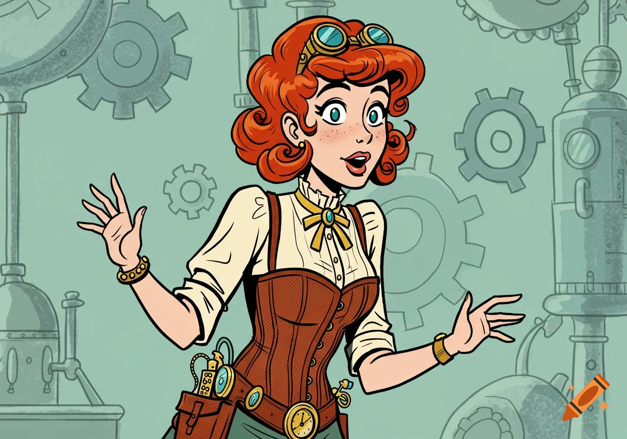 Comic art of a red-haired woman in a steampunk outfit, including goggles and a corset, against a teal background with machinery and gears.