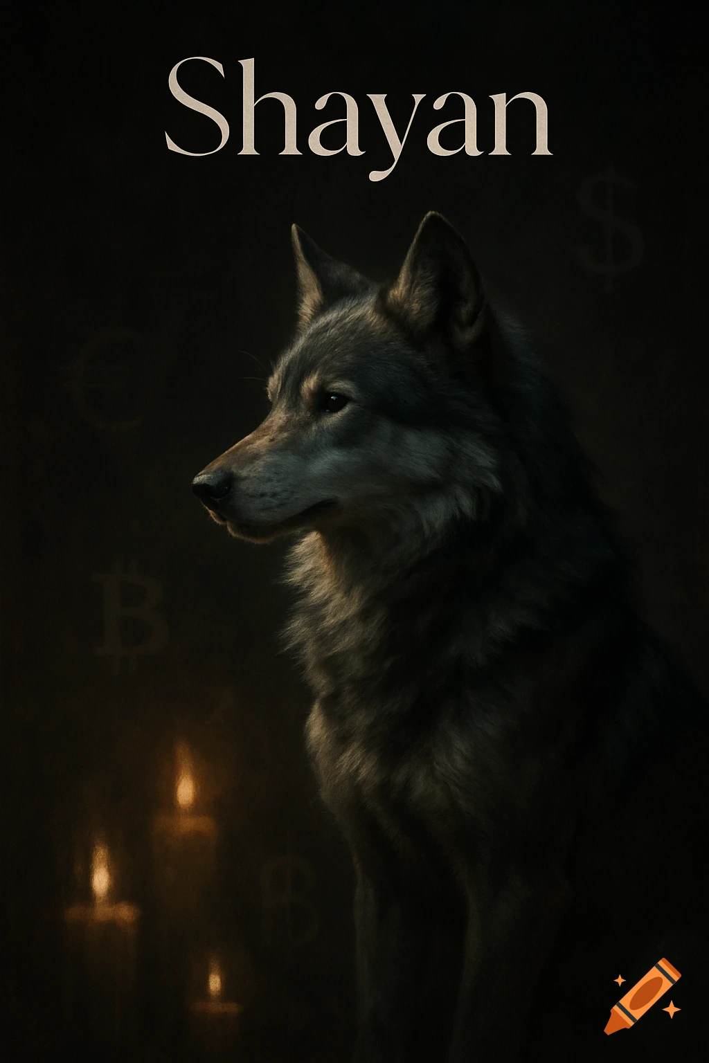 A dark, cinematic image of a wolf looking left, with faint money symbols and glowing candles in the background. The name 'Shayan' is at the top.
