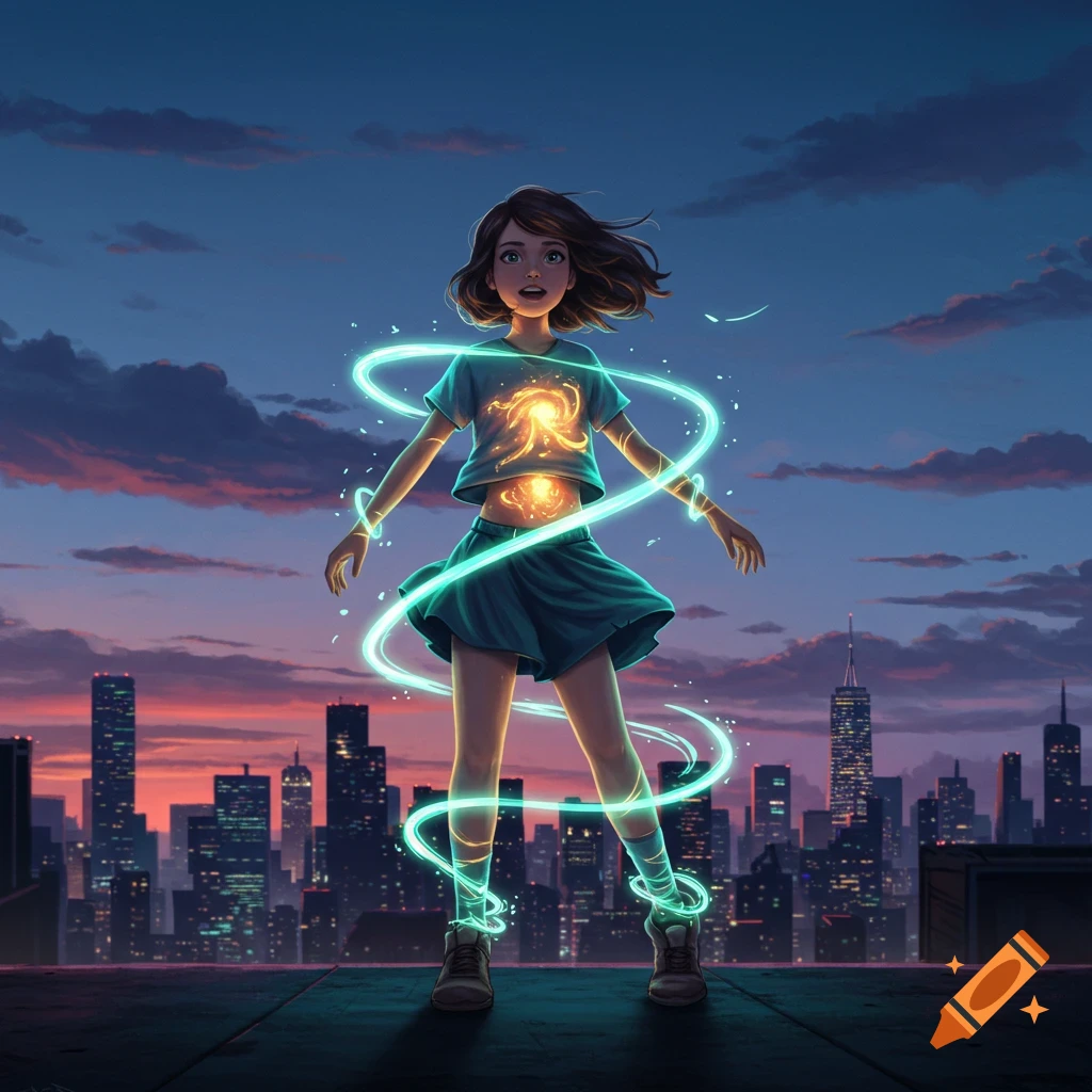 An animated girl with glowing energy swirling around her stands on a rooftop overlooking a city at dusk.