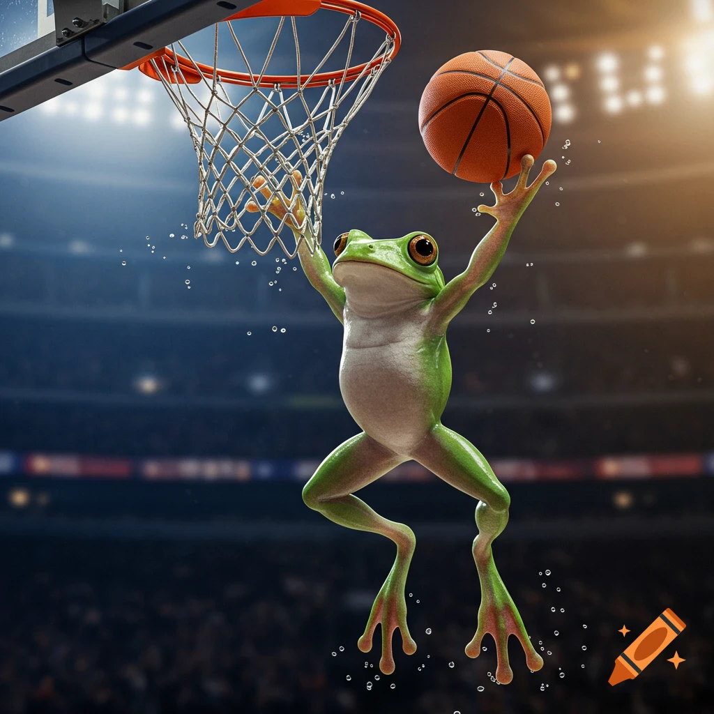 A hyperrealistic green frog jumps to dunk a basketball into a hoop in a brightly lit arena.